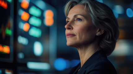 Naklejka premium Middle-aged businesswoman in a corporate office, focused on financial analysis and market trends.