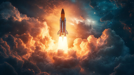 A modern sleek space shuttle or missile launches through dark clouds, symbolizing power, ambition, and technological breakthrough, cutting through the chaos with a sense of determination against a dra
