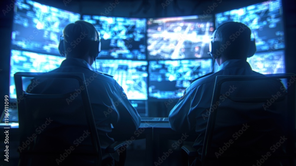 Poster two operators monitor multiple screens in a dimly lit surveillance room, focusing on security and in
