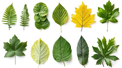 A collection of different types of leaves, each isolated on a white background