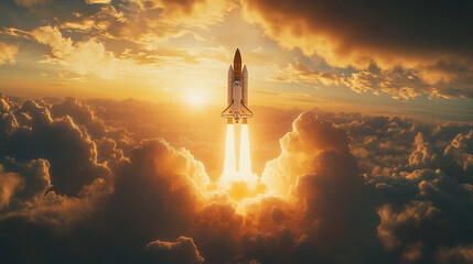 A modern sleek space shuttle or missile launches through dark clouds, symbolizing power, ambition, and technological breakthrough, cutting through the chaos with a sense of determination against a dra