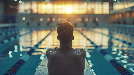 Swimmer poised on starting block at poolside, with copy space. the indoor swimming facility sets the stage for competitive swimming.