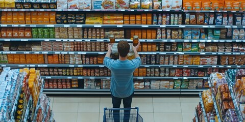 Interior view of a supermarket aisle with various packaged goods and food items for sale, showcasing a typical retail environment where customers select products to meet their shopping needs.