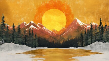 Sunset Mountain Lake Winter Landscape Art Print