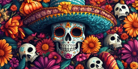 Obraz premium Vivid depiction of skulls in a festive celebration, adorned with flowers and traditional elements from the Day of the Dead.