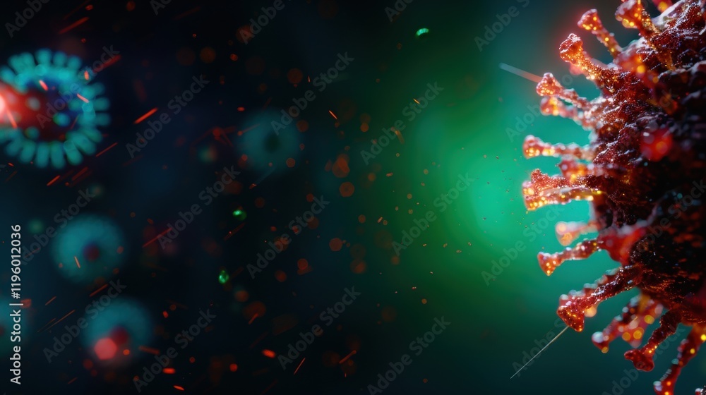Poster the image depicts a close-up view of a virus, highlighting its structure and surrounding particles a