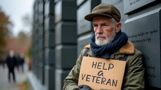 Emotional Appeal for Support: Elderly Veteran Holding a Sign Asking for Help, Capturing the Struggles Faced by Many Veterans Today
