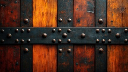 Fototapeta premium Dark Weathered Wooden Texture with Metal Bands and Rivets Background
