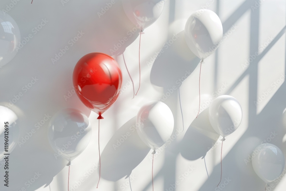 Poster an arrangement of red and white hot air balloons floating in sunlight, creating an array of shadows 