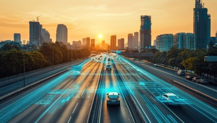 Obraz premium Autonomous Vehicles Navigating a City Highway