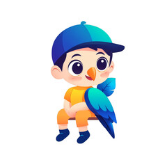 Playful boy with colorful parrot cartoon style digital art fun cheerful vibe