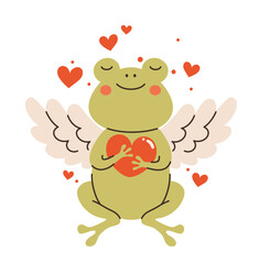 Image for Valentine's Day. Cupid frog with a heart in his paws. Flat vector illustration.