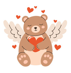 Image for Valentine's Day. Cupid bear with a heart in his paws. Flat vector illustration.