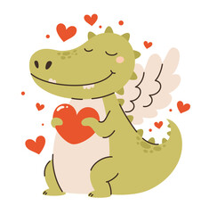 Image for Valentine's Day. Cupid crocodile with a heart in his paws. Flat vector illustration.