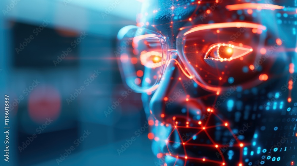 Poster a futuristic depiction of a digital face with glowing eyes, featuring intricate circuit patterns, re