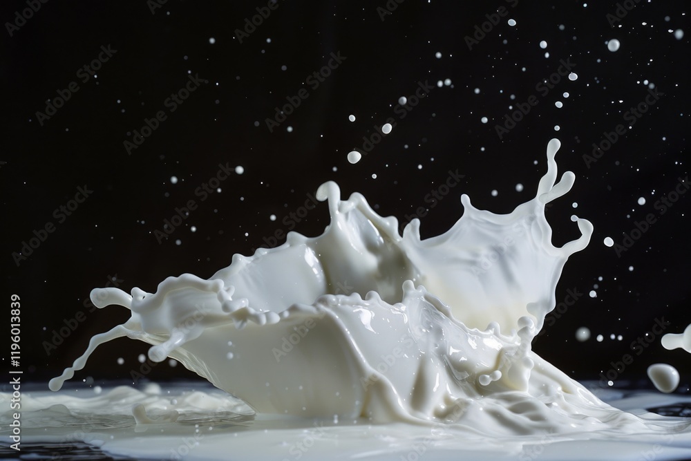 Poster high-resolution image of milk splashing and frothing in a bowl or pitcher, emphasizing its texture a