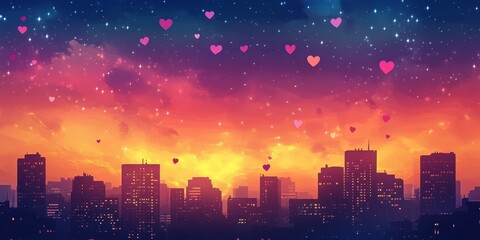 Cityscape Sunset with Floating Hearts and Stars