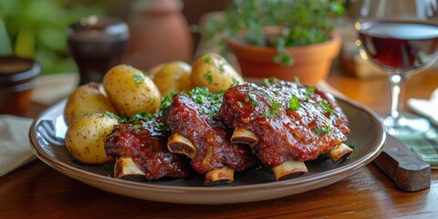 Delicious barbecued ribs served with potatoes and a glass of wine on an outdoor table. A hearty, flavorful meal for summer or any occasion.