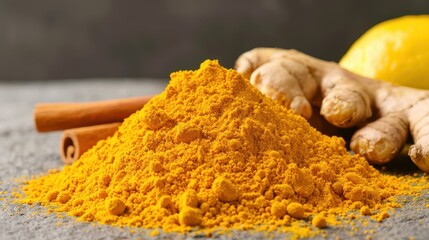 Turmeric Powder, Ginger Root, and Cinnamon Sticks on Grey Surface.