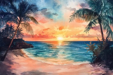 Tropical beach scene with palm trees and vibrant sunset over ocean.