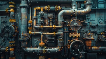 Intricate Industrial Piping System  A Close-Up View of Complex Machinery.
