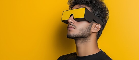 Young man wearing virtual reality headset exploring metaverse on yellow background