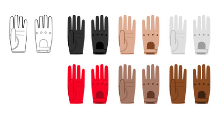 Set of Driving Gloves Wrist length Fashion hand accessory clothing technical illustration garment. Vector cartoon red, Mocha Mousse brown, beige and black style flat template CAD mockup sketch outline