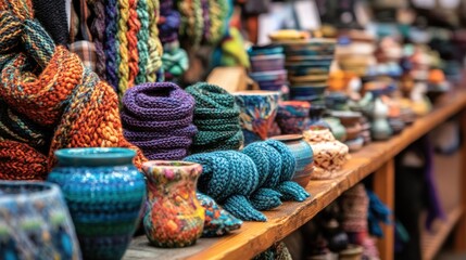 Colorful handmade crafts and textiles displayed.