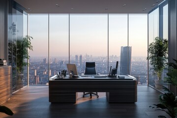 High rise office with city view at sunset.