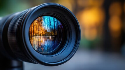 Autumnal forest reflected in camera lens; nature photography