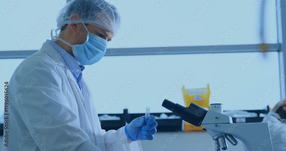 Poster image of data processing and world map over caucasian male scientist