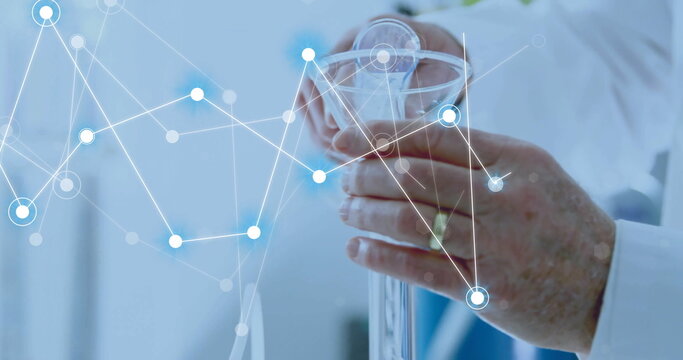 Image of network of connections over caucasian male scientist