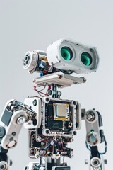 Fototapeta premium Close-up of a sophisticated robot with multiple sensors and electronic components, showcasing advanced technology in the field of robotics.