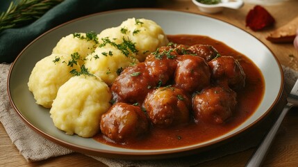 Meatballs in rich gravy with fluffy mashed potatoes, a comforting and flavorful dish. The savory meatballs are perfectly complemented by the creamy potatoes, creating a satisfying meal.