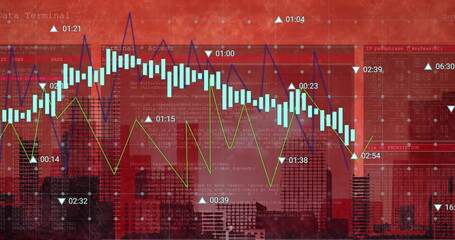 Image of digital data processing over cityscape