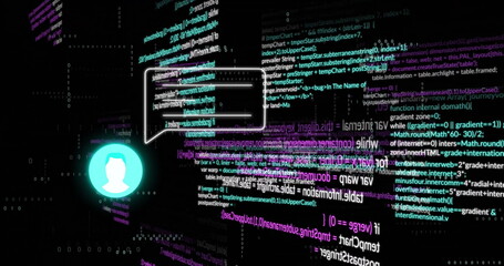 Image of icon and speech bublle and data processing over dark background