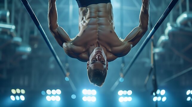 Male gymnast performing upside-down handston parallel bars in arena