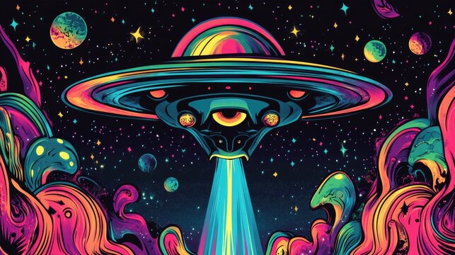 Vibrant and fantastical digital art featuring a flying saucer and colorful celestial setting.