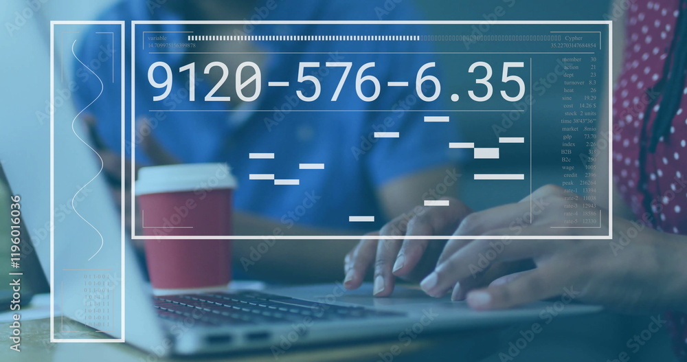 Poster image of processing data interface over diverse colleagues at laptop in office