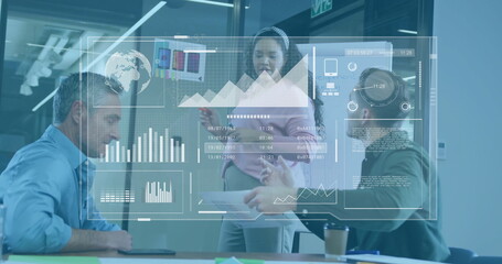 Image of charts processing data over diverse colleagues at office meeting