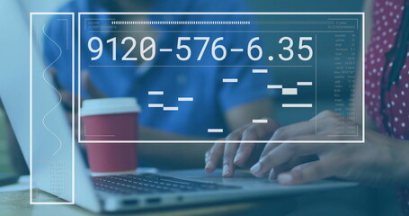 Image of processing data interface over diverse colleagues at laptop in office
