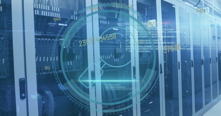 Image of scope with search icon and data processing over computer servers