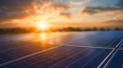 A vibrant sunset illuminates solar panels, showcasing renewable energy and sustainable technology in harmony with nature.
