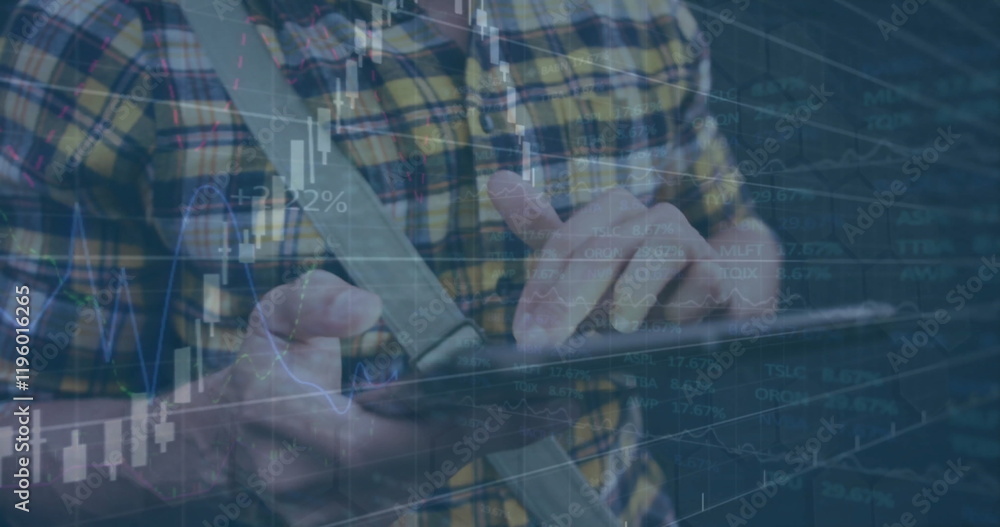 Aufkleber image of financial data processing over caucasian man using tablet