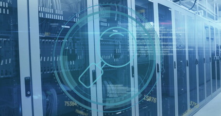 Image of scope with search icon and data processing over computer servers