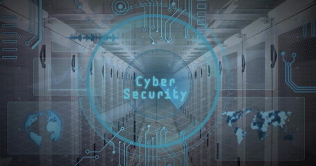 Image of scope with cloud icon and data processing over computer servers