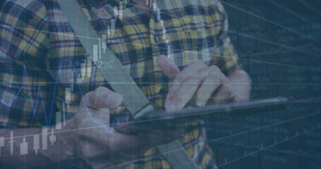 Image of financial data processing over caucasian man using tablet