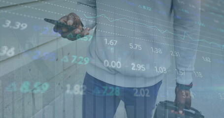 Image of financial data processing over african american man using smartphone