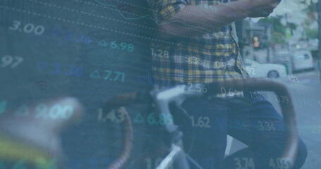 Image of financial data processing over caucasian man using tablet