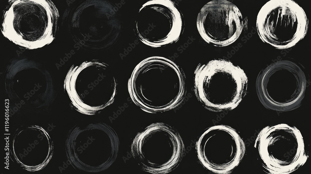 Poster series of black and white circles with varying sizes and shapes. the circles are all different sizes